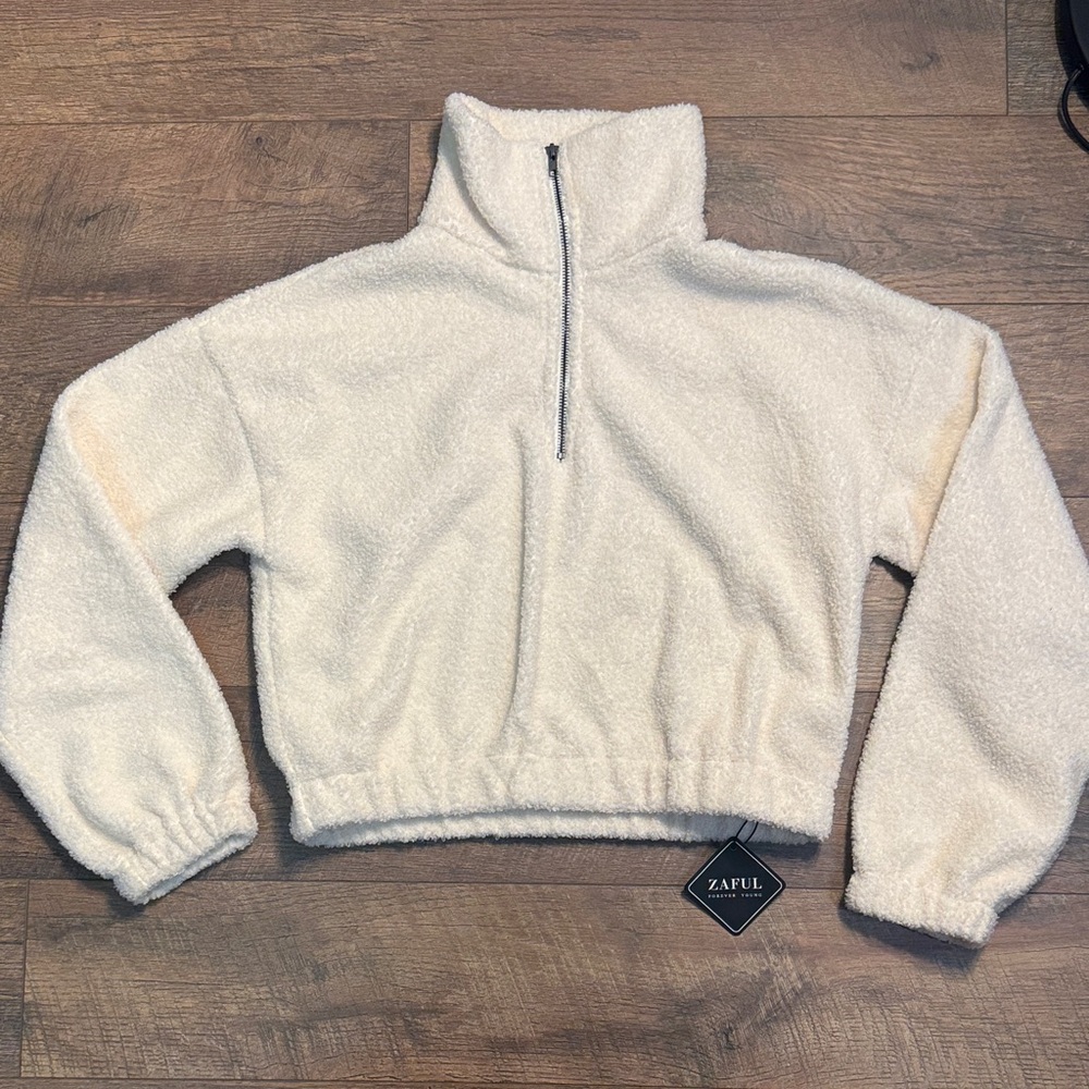 Zaful Women's Crop Fleece Coat Half Zip Cream Ivory Size 4